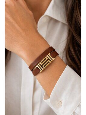 Tory Burch Fret Double Wrap Brown leather bracelet designed for the Fitbit Flex